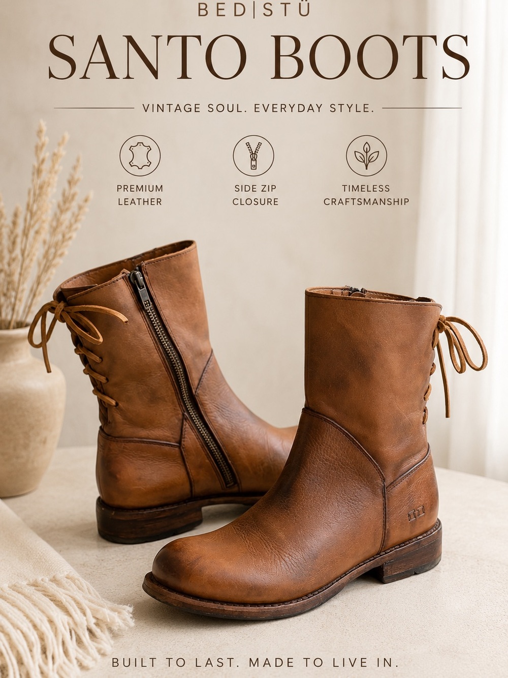BED STU Women’s CHESHIRE BOOT Tan Glove Leather Lace Up Detail Combat Boots 8